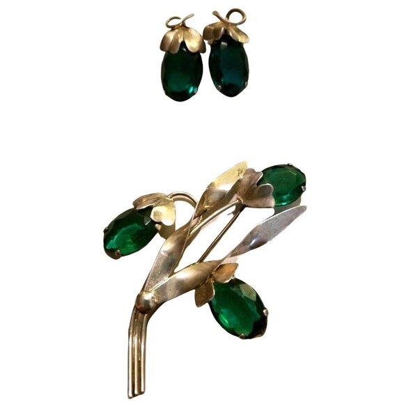 Sterling Silver Green Stone Floral Brooch Pin and Earring Set Celibity Owned JS6 - Picture 2 of 9